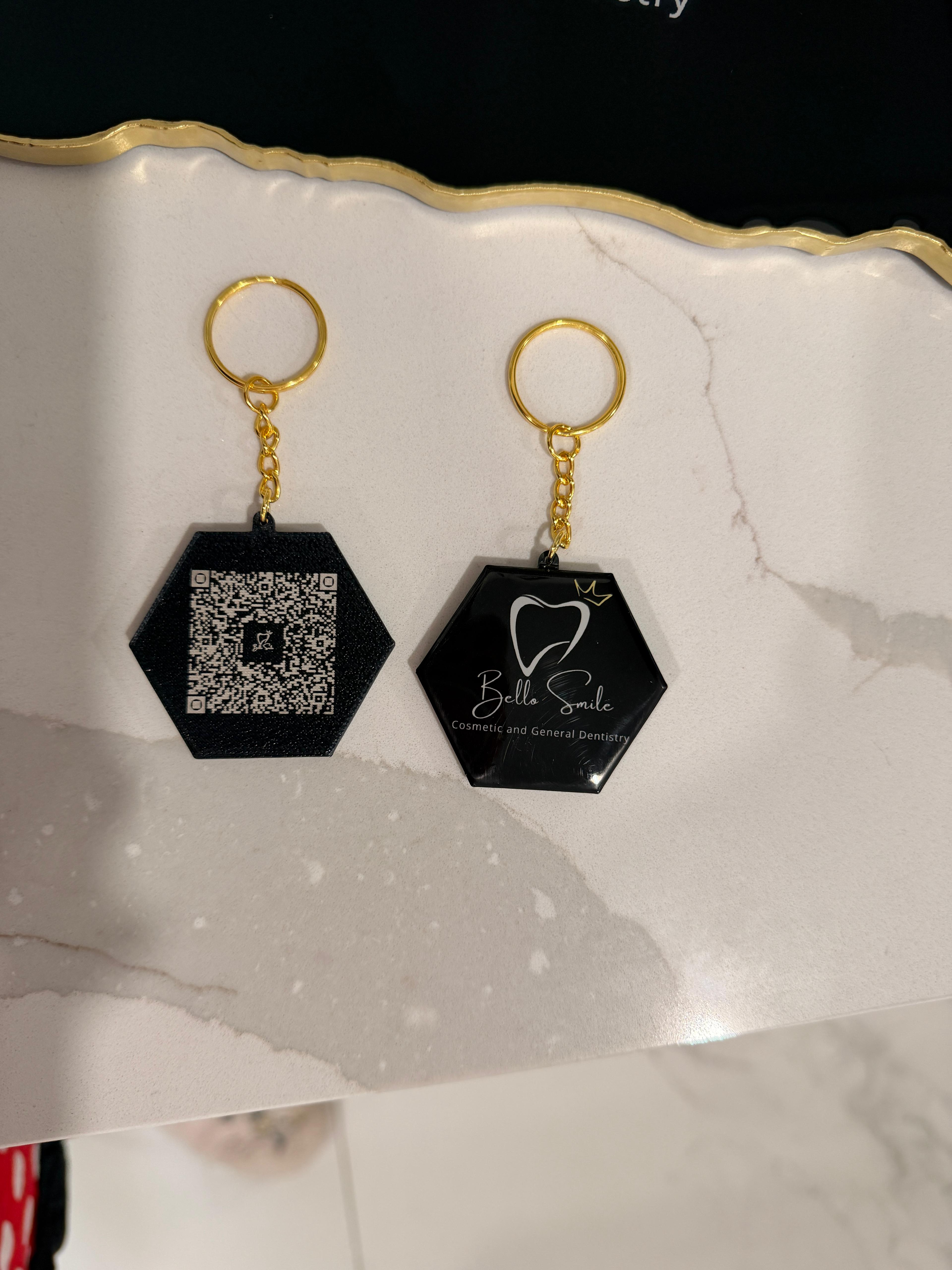 Hexagon acrylic keychains with QR code and logo